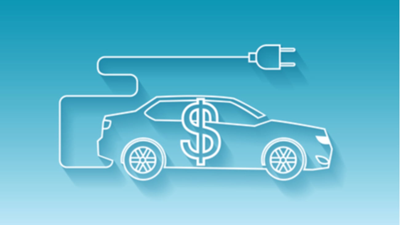 Vector of electric car icon with dollar sign on blue background