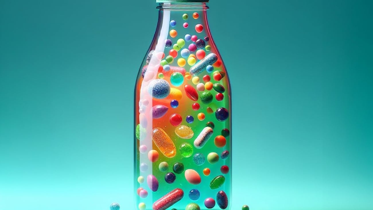 Pop bottle with vitamins on green background