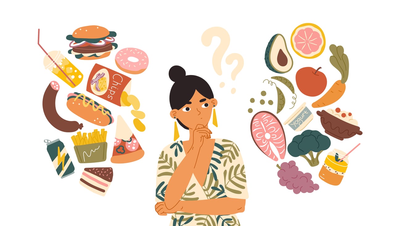 Woman debating healthy eating options