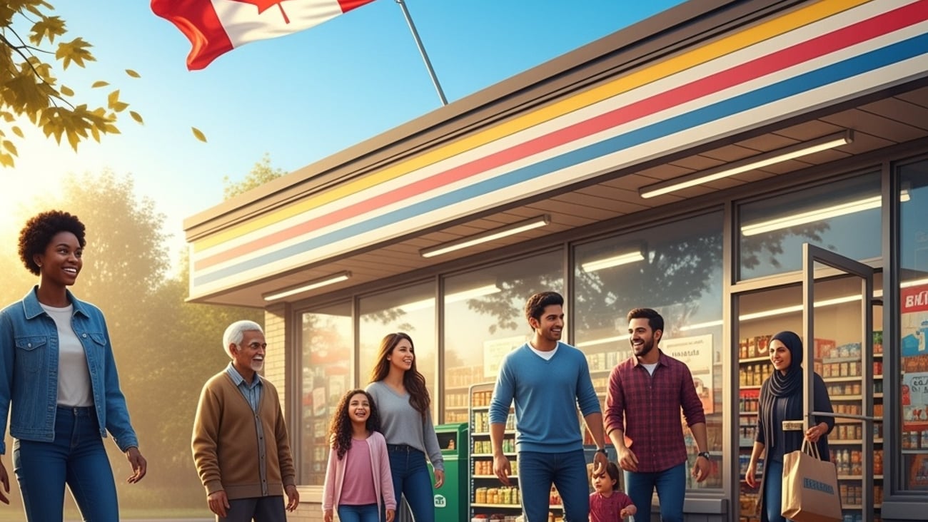 people in front of a convenience store with a Canadian flag