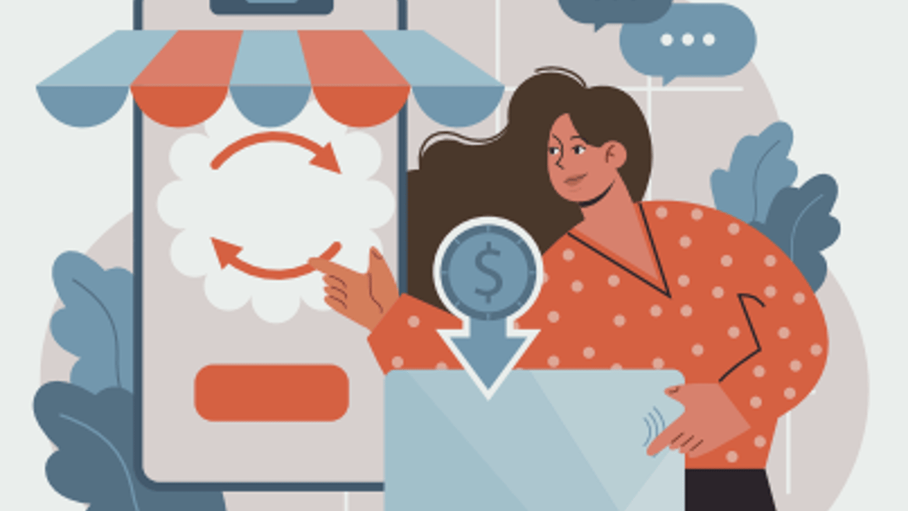 Illustration of a person looking at a phone with a loyalty card and the phone connotes a retail store