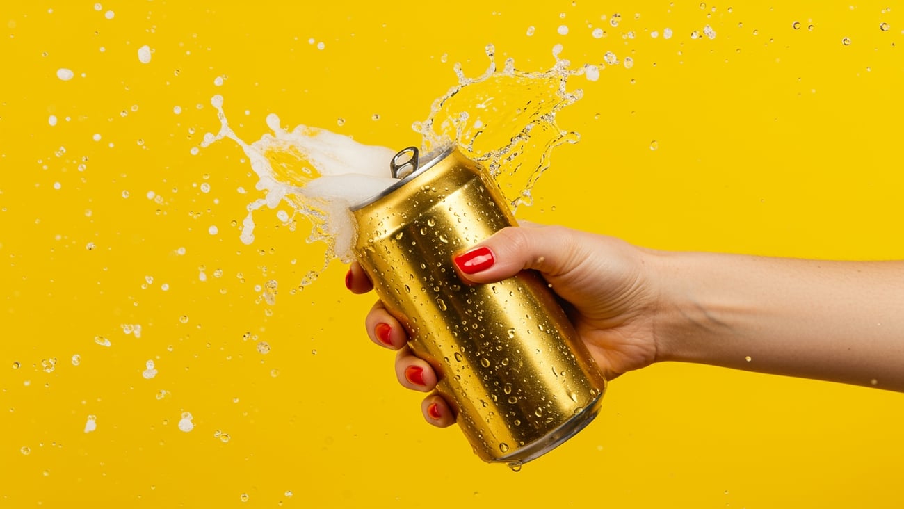 Open and foaming can in a woman's hand