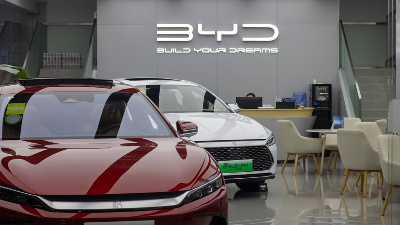 Two Chinese EV cars in the BYD showroom