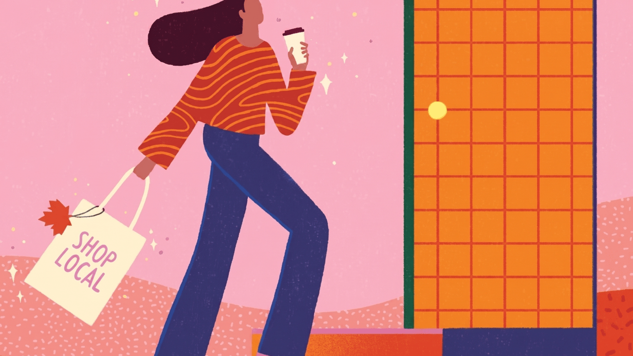 Woman carrying Shop Local bag on colourful background