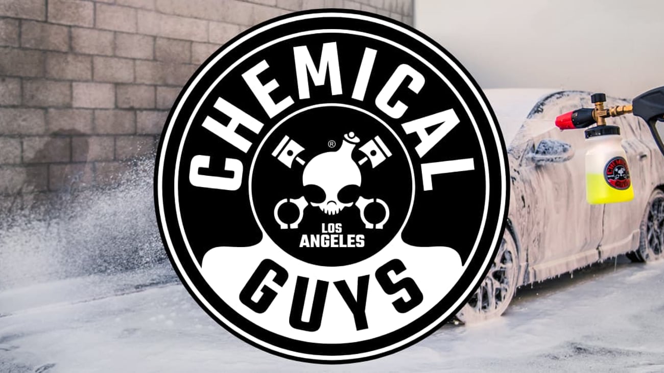 Chemical Guys logo with car being washed in the background