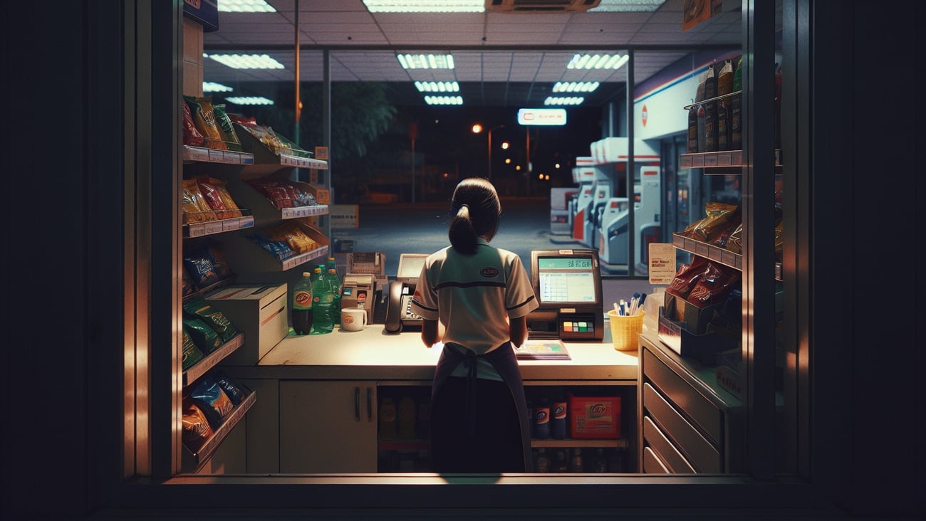 Clerk at a gas station convenience store cash register at night.