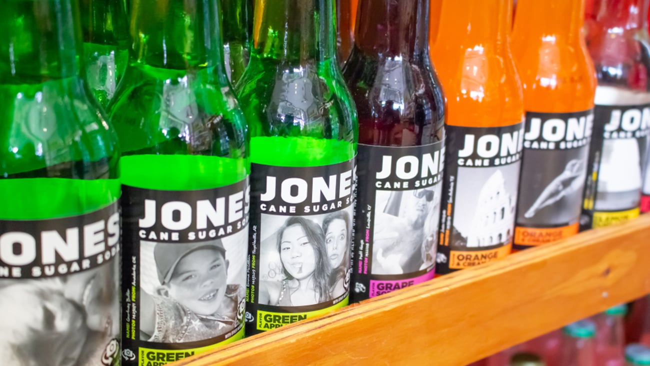 row of Jones Soda on a store shelf
