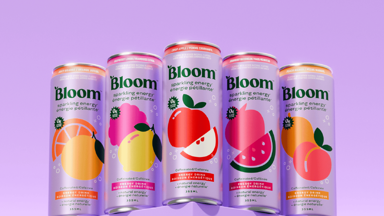 A row of Bloom Sparkling Energy drinks with the Keurig Dr Pepper logo in the top right corner.