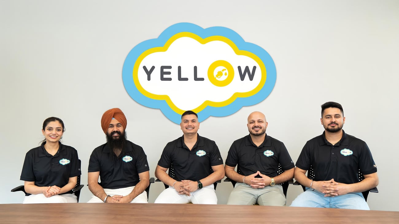 Yellow staff from left to right: Ratanjot Luthra; Navdeep Singh; Vikram Bhown; Tejbir Singh and Karandeep Singh
