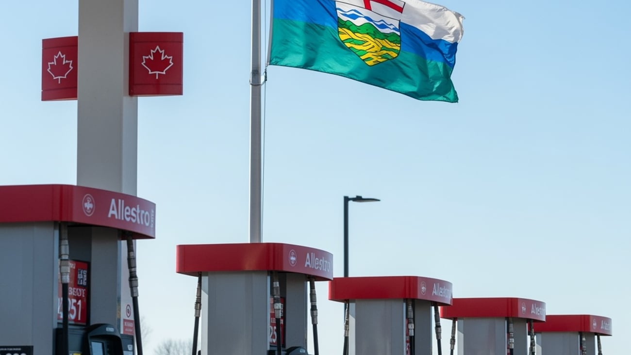 A row of gas pumps at a gas station with the Alberta provincial flag in the background