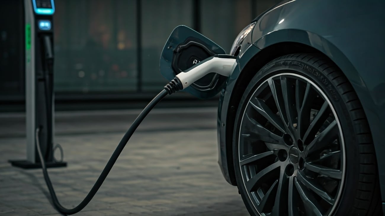 Close up of EV charging, charger seen in background.