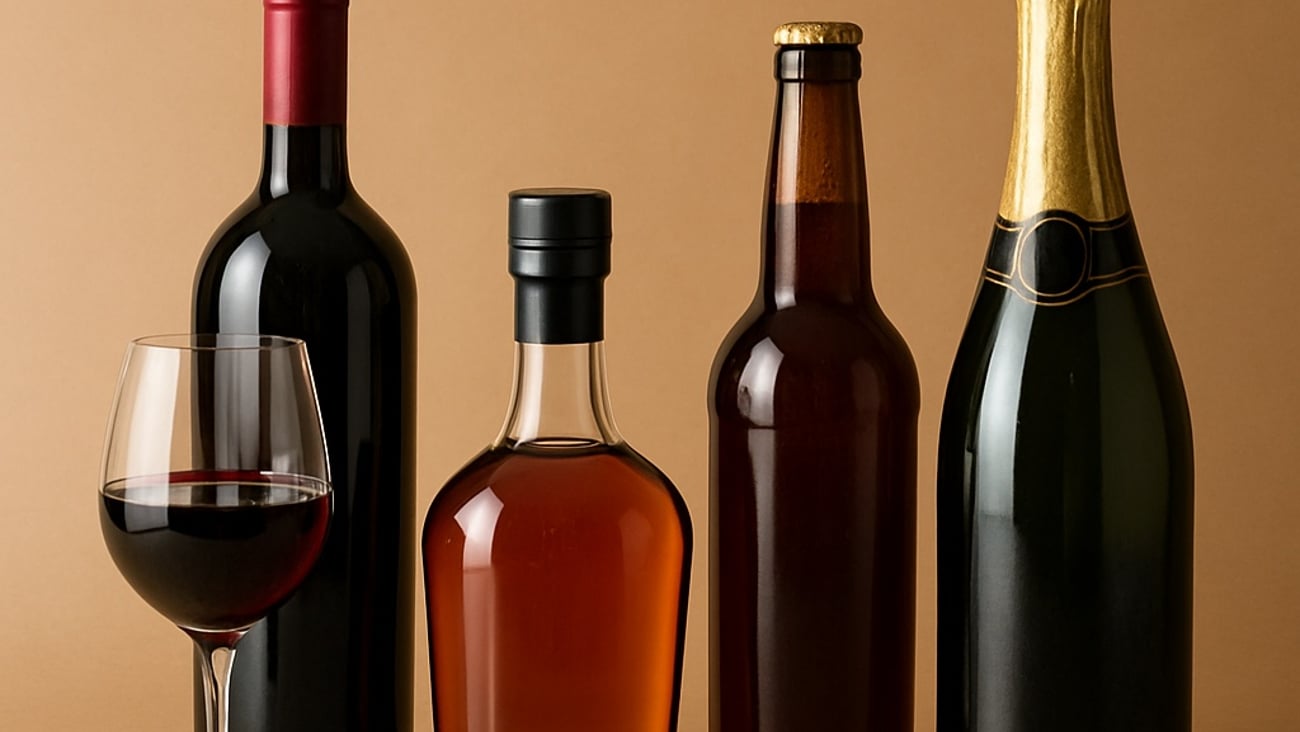 a row of alcoholic beverages without labels: red wine, liquor, beer and champagne.