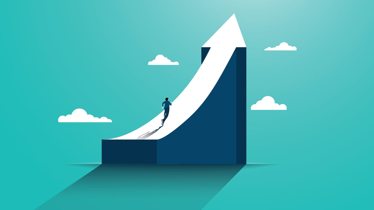 Leadership to reach business success. Businessman running to the top of the graph. Business concept of goals, success, ambition, achievement and challenges
