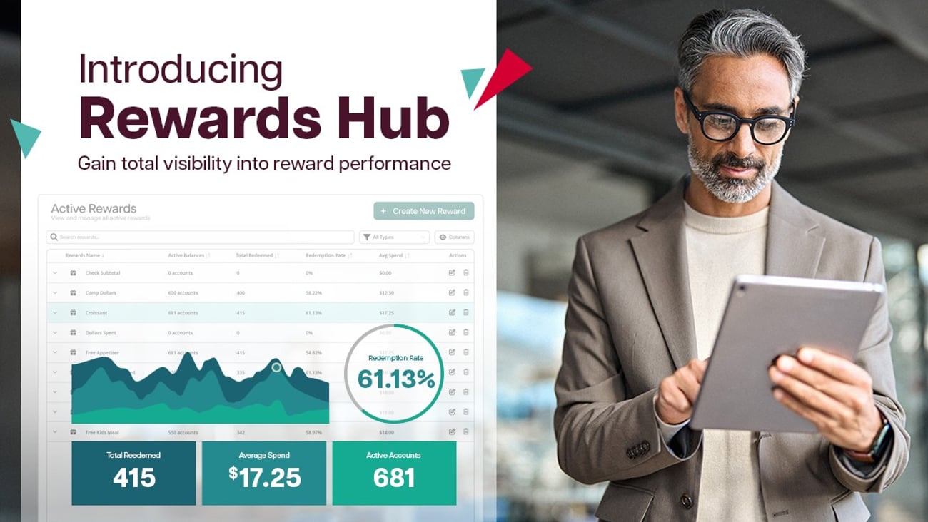 Man tapping on a tablet with Paytronix rewards hub graph 