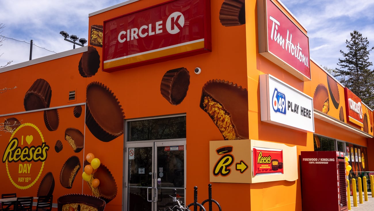 Exterior shot of Circle K wrapped in Reese's promotional imagery