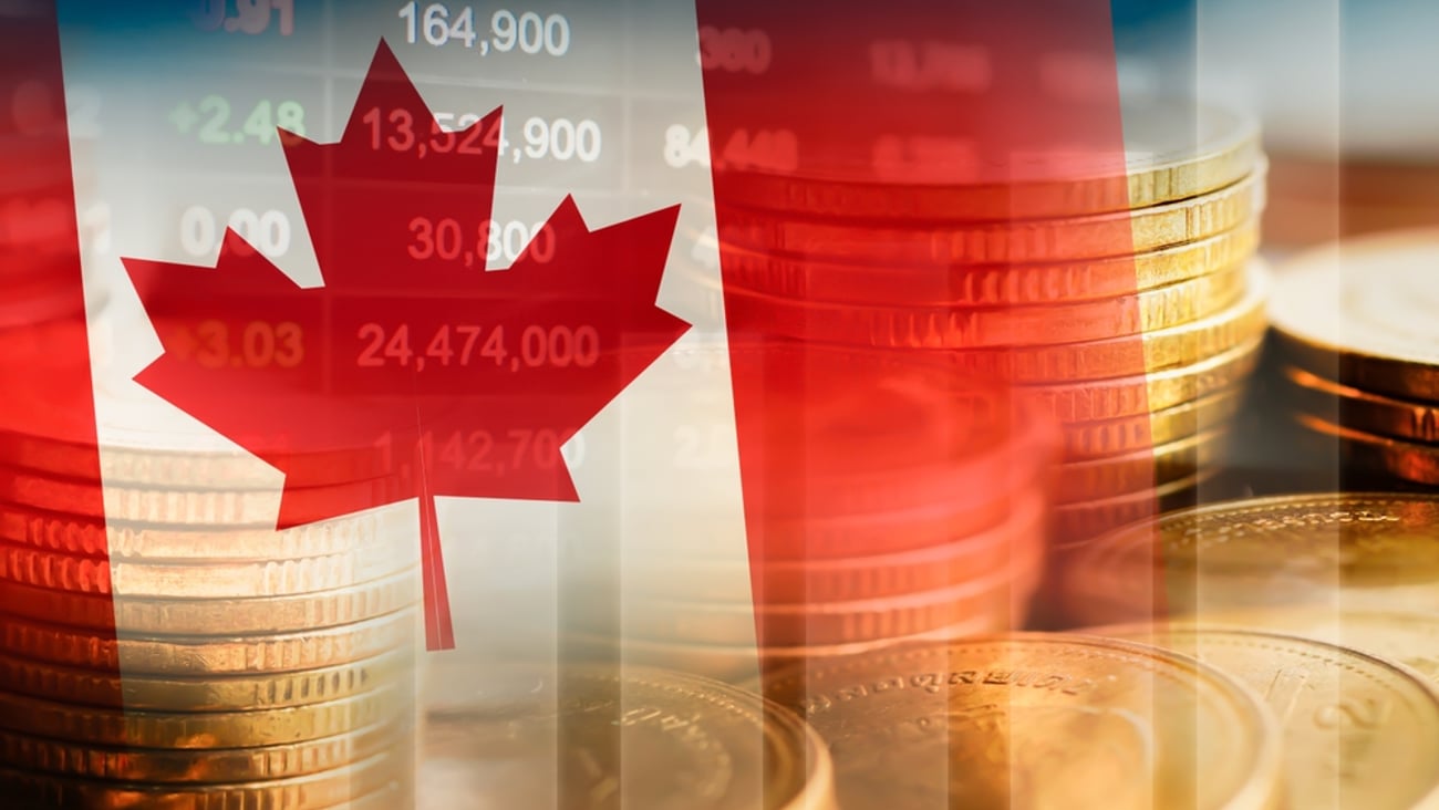 Canadian flag with stock market ticker and loonies