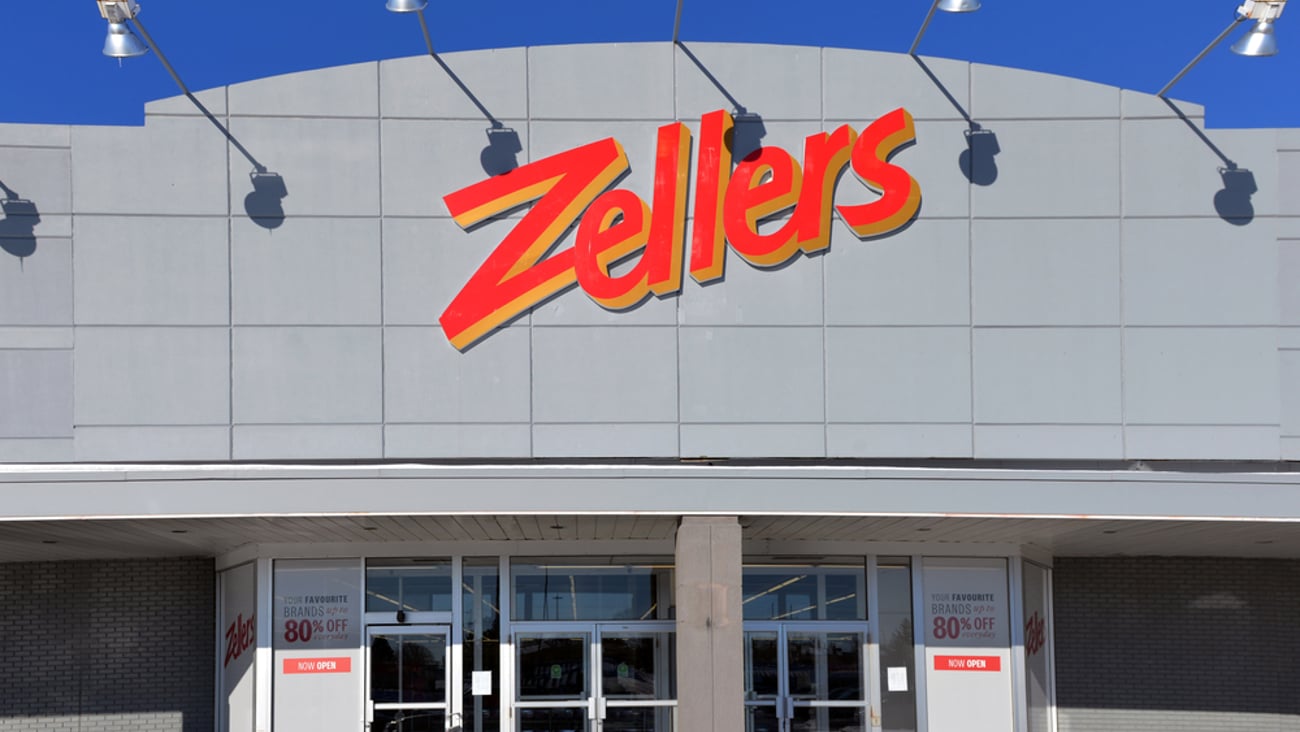 Zellers storefront with sales signs in windows