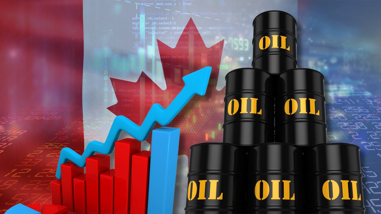 Barrels of oil in front of Canadian flag