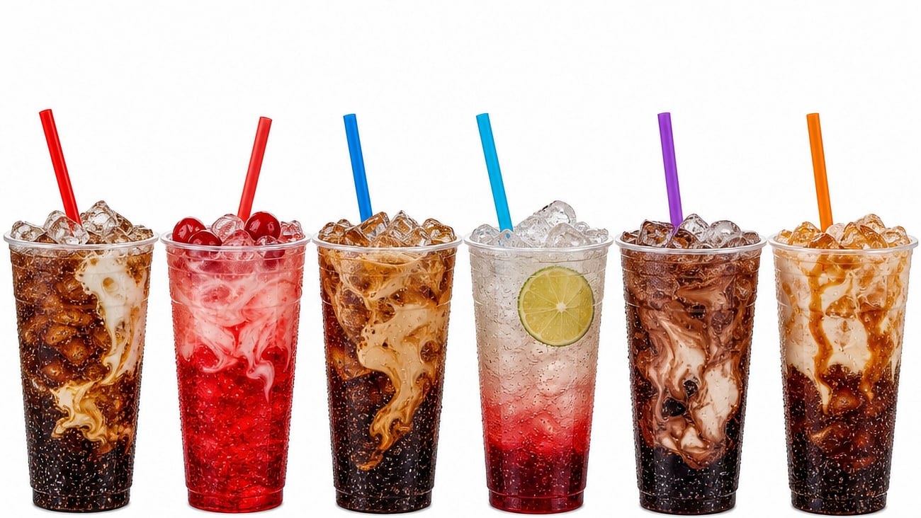 A row of dirty sodas and iced coffees