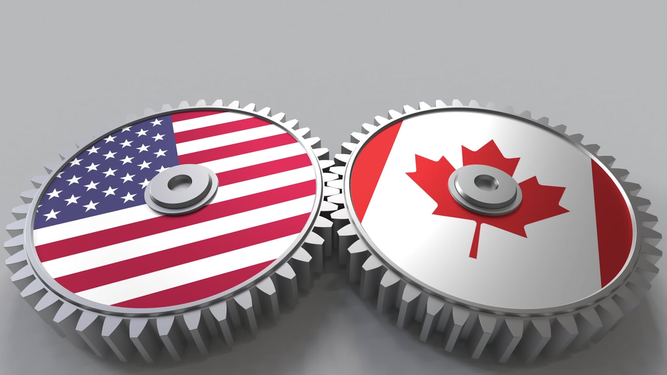 mechanical cogs with American and Canadian flag