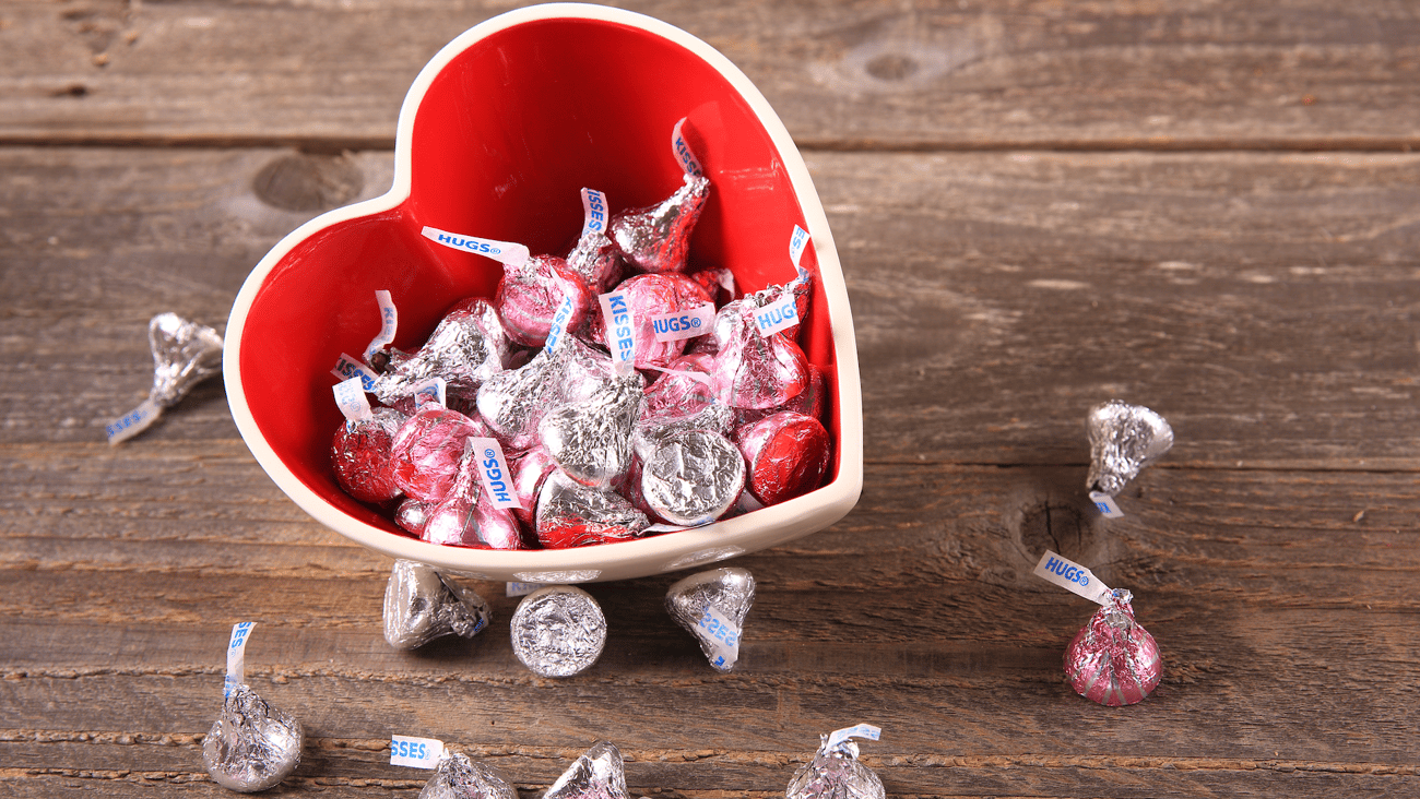 Hershey kisses in a heart bowl