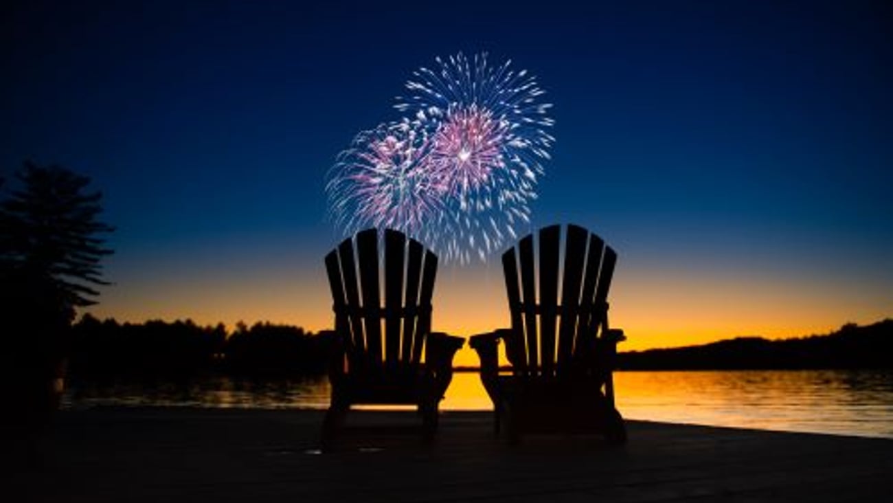 Summer fireworks over lake stock image