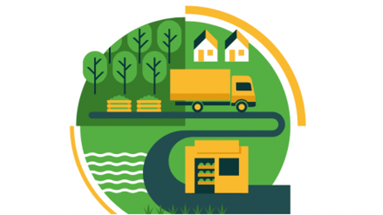 Short food supply chains SFSCs scheme - food production-distribution-consumption configuration for farmers, agriculture and solidarity purchase groups. Truck transporting food from garden to market