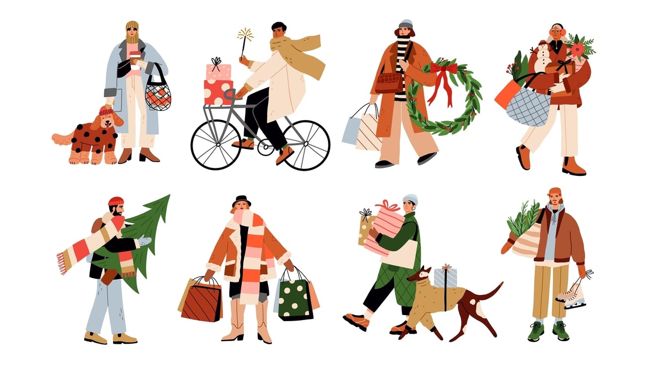 Merry men and women characters walking with gift boxes, Xmas trees, shopping bags on winter holiday. Flat graphic vector illustrations isolated on white background