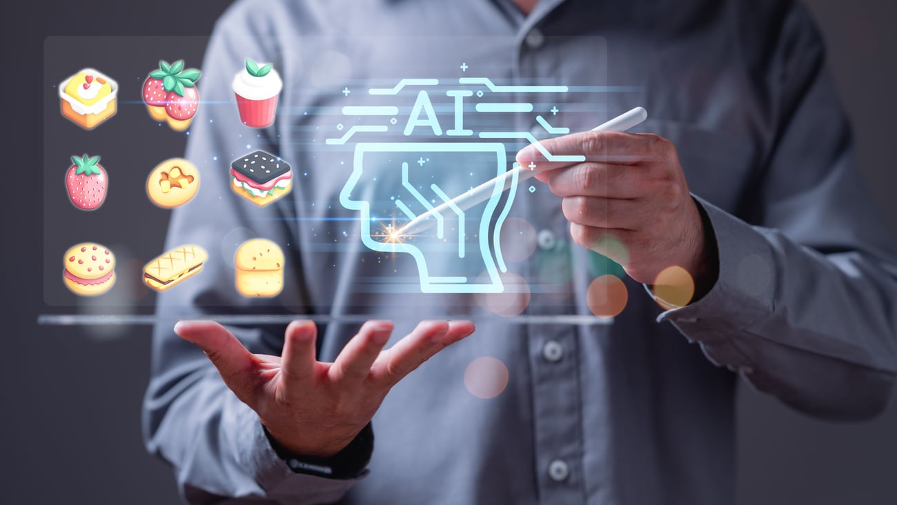 Transactions, Food via an app concept. A man is holding a tablet and menu of food items with introduce as AI. The menu includes items such as sandwiches, cookies, and cakes