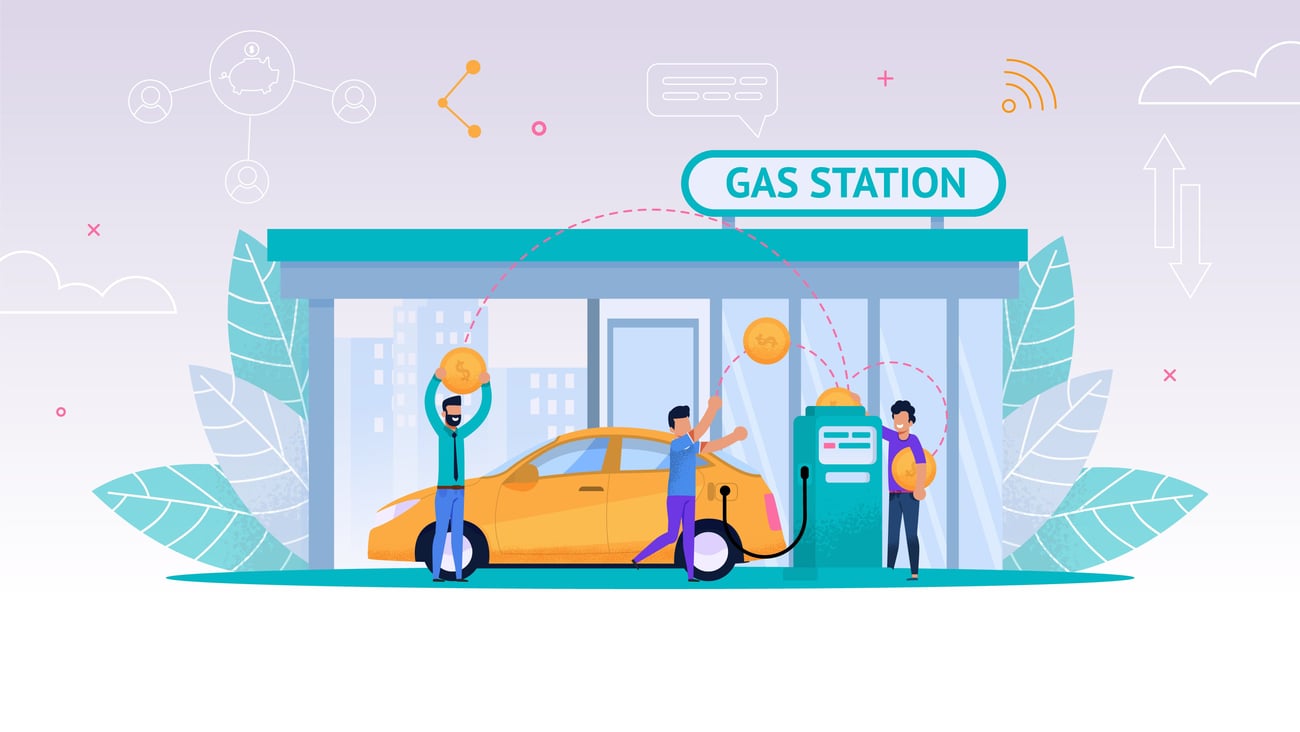 Vector Illustration Refueling Car on Gas Station. Man Fills his Car with Fuel for Long Journey. Payment Gasoline. Oil Business. Refilling Yellow Car to Full Tank with Gasoline. Group Happy Men