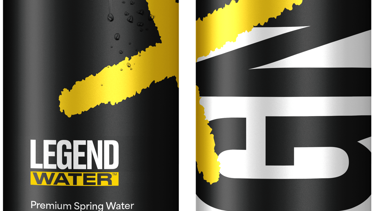 Two cans of Legend water in black and silver