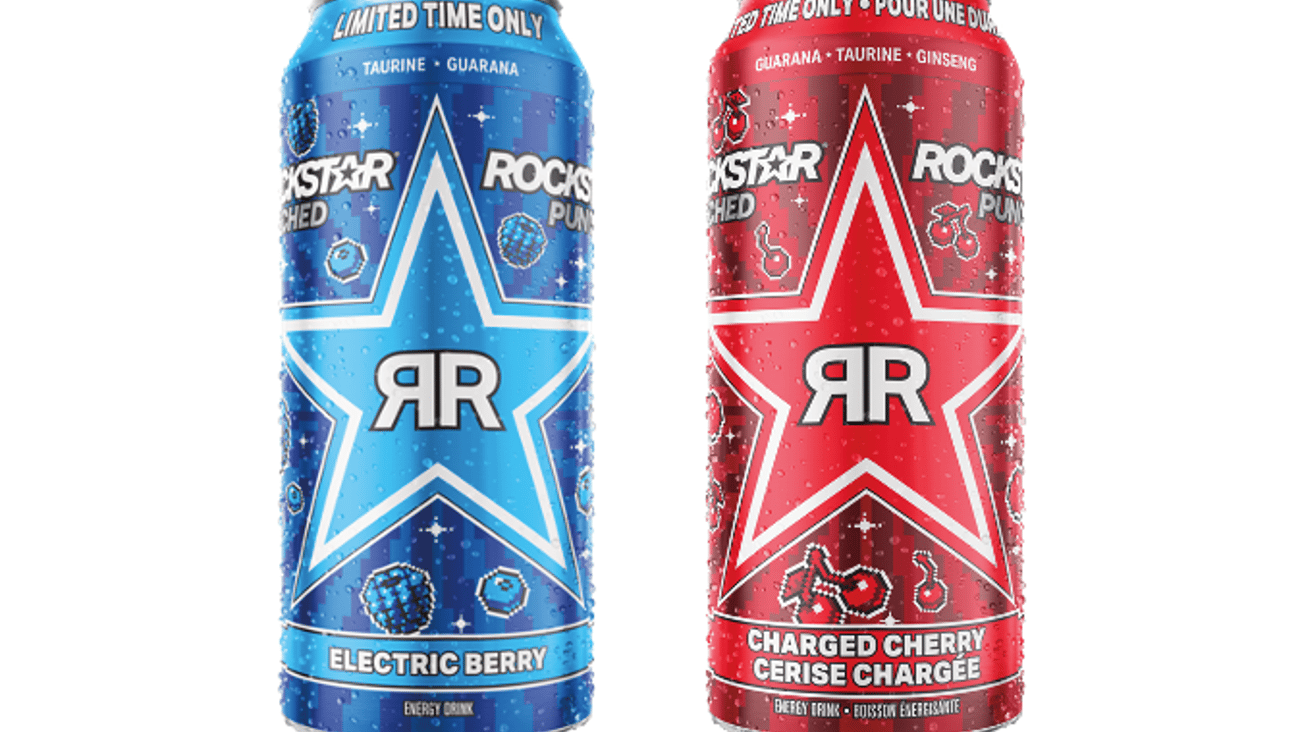 A blue and red can of Rockstar beverages