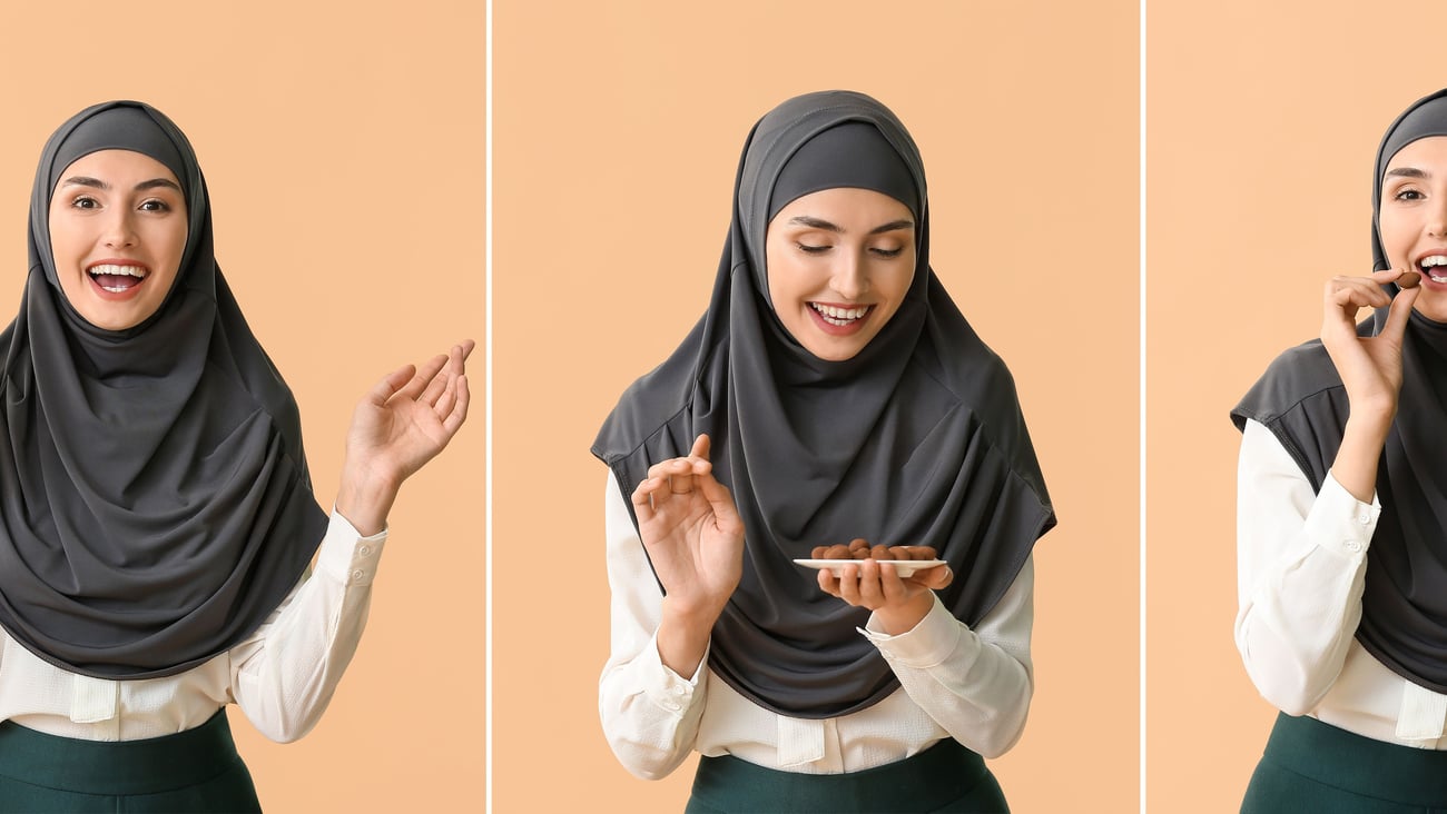 Three images Collage with Muslim woman eating tasty chocolate and candies on color background