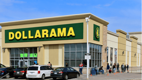 Dollarama outside of store with people lined up. 