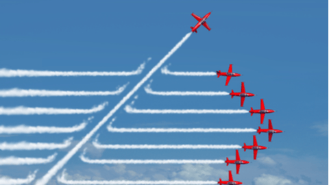 Planes flying with one moving in a new direction