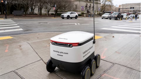 A Starship food delivery robot is driving on the sidewalk in University of Pittsburgh campus in Pittsburgh, PA, USA on January 11, 2020. The Robots are delivering food from four campus restaurants.