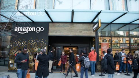 Amazon Go Store exterior with crowds