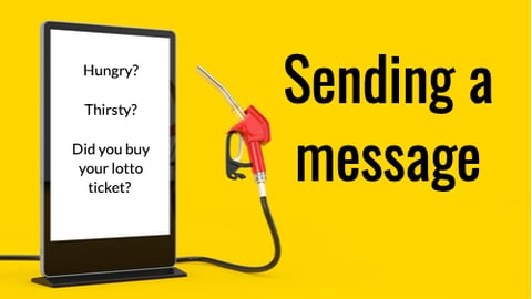 Pump marketing message on screen with gas nozzle