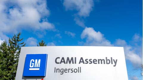 Ingersoll, Ontario, Canada - August 30, 2020: A ground sign of GM CAMI Assembly Ingersoll plant in Ingersoll, Ontario, Canada. Assembly CAMI Automotive is wholly owned by General Motors Canada.