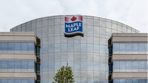 Mississauga, Ontario, Canada- May 12, 2018: Maple Leaf sign on the building in Mississauga. Maple Leaf Foods Inc. is a major Canadian consumer packaged meats company.