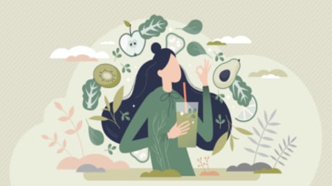 Green smoothie as healthy diet cocktail for slimming tiny person concept. Vegan detox food and drink in glass as organic and vitamin full beverage from straw vector illustration. Raw ingredient blend.