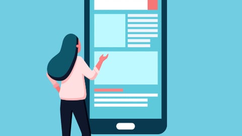 Young female standing in front of the black smartphone screen. Social media life. Digital space. User interface design. App development, frontend. Flat vector illustration