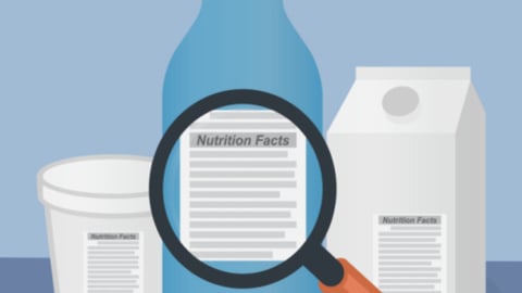 Magnifying glass on a product label with the text nutrition facts, read the label concept