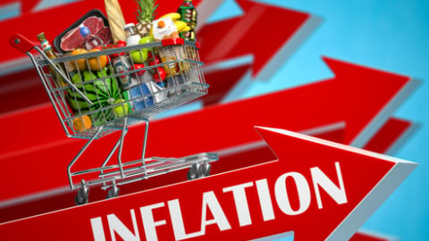 Inflation, growth of market basket or consumer price index concept. Shopping basket with foods on arrow. 3d illustration