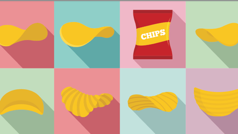 illustrations of potato chips on colourful background
