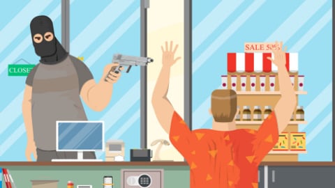 The robber in the mask went to the store to collect money from the cash register and threatened the seller with a gun. Vector illustration