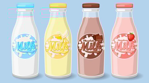 Bottles with strawberry, banana and chocolate milk Label Template. Vector illustration.