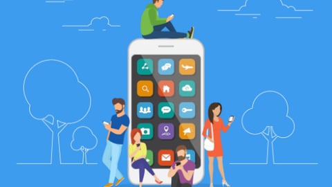 Young men and women are standing near big smartphone and using smart phones, reading news and texting message to friends. Flat vector concept illustration of smartphone usability on blue background