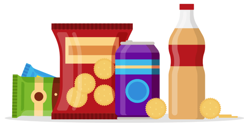 Snack product set, fast food snacks, drinks, nuts, cracker, juice isolated on white background. Flat illustration in vector