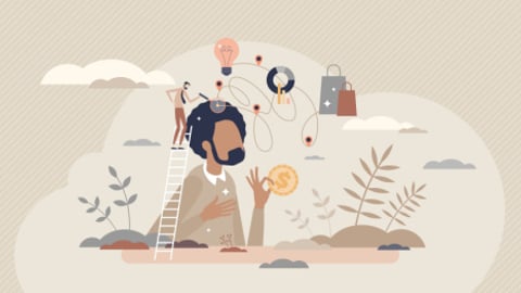 Consumer behavior research to make spend more on purchase tiny person concept. Marketing analysis and shopping strategy monitoring to predict customer action vector illustration. Mind decision process